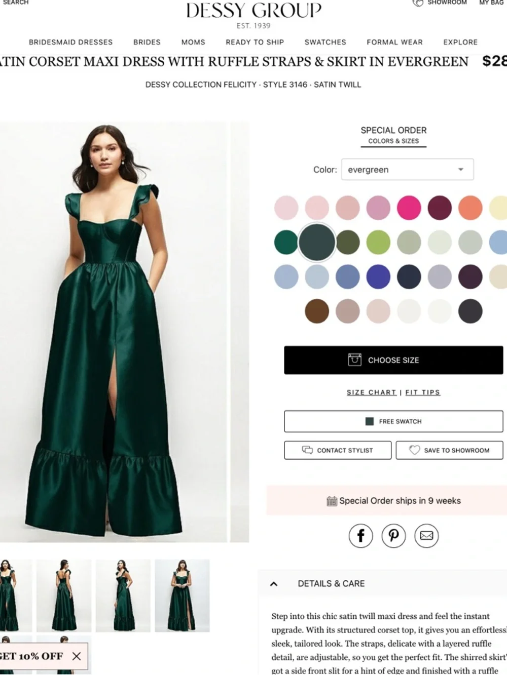 Dessy Collection Evergreen Satin Corset Maxi Dress with Ruffle Straps - Picture 1 of 7